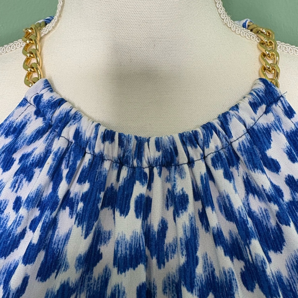 Michael Kors Blue and White Halter Mini Dress with Gold Accents - Picture 4 of 6